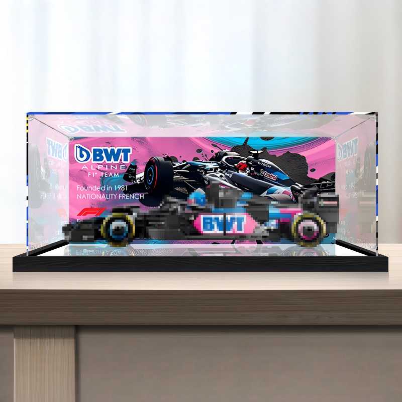 Premium Acrylic Display Case for LEGO Speed Champions Sets 77242 77243 77244 77245 77246 – 3mm Dust-Proof Showcase with Custom UV-Printed Background & Brushed Black Base - Scoparius case