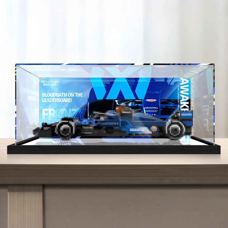 Premium Acrylic Display Case for LEGO Speed Champions Sets 77242 77243 77244 77245 77246 – 3mm Dust-Proof Showcase with Custom UV-Printed Background & Brushed Black Base - Scoparius case
