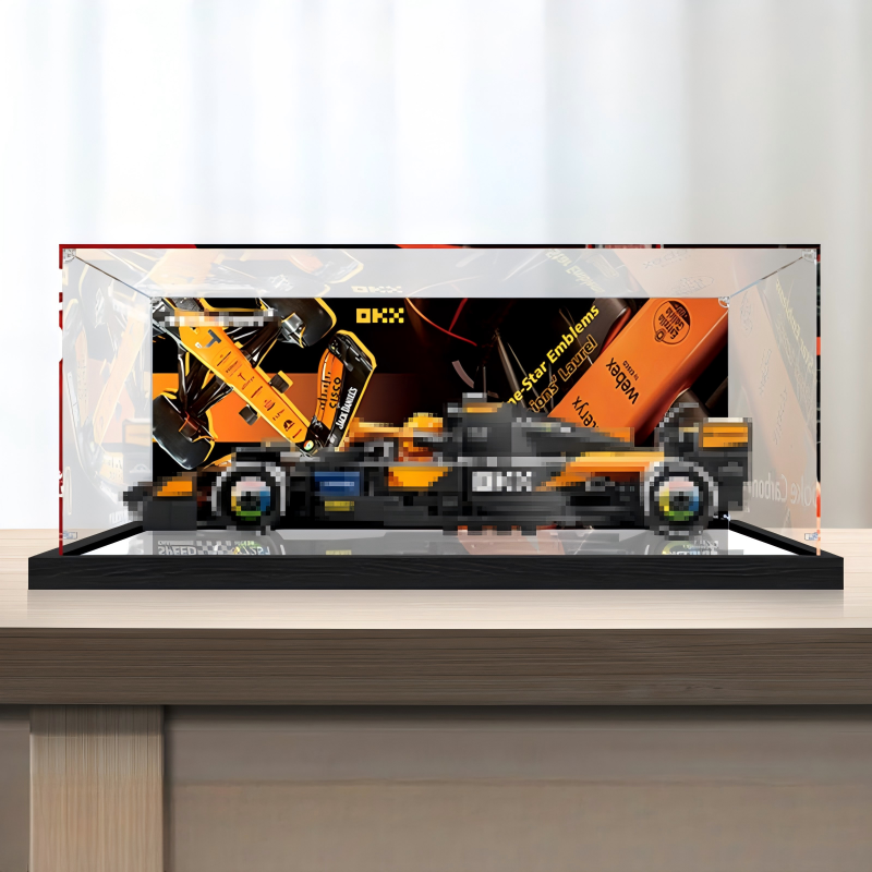 Premium Acrylic Display Case for LEGO Speed Champions Sets 77242 77243 77244 77245 77246 – 3mm Dust-Proof Showcase with Custom UV-Printed Background & Brushed Black Base - Scoparius case