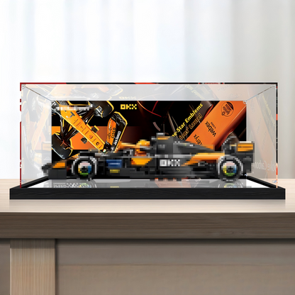 Premium Acrylic Display Case for LEGO Speed Champions Sets 77242 77243 77244 77245 77246 – 3mm Dust-Proof Showcase with Custom UV-Printed Background & Brushed Black Base
