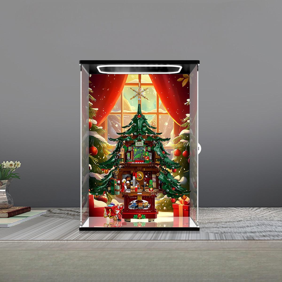 LEGO 41843 Family Christmas Tree Mirror Display Case with Ring Light and Themed Background