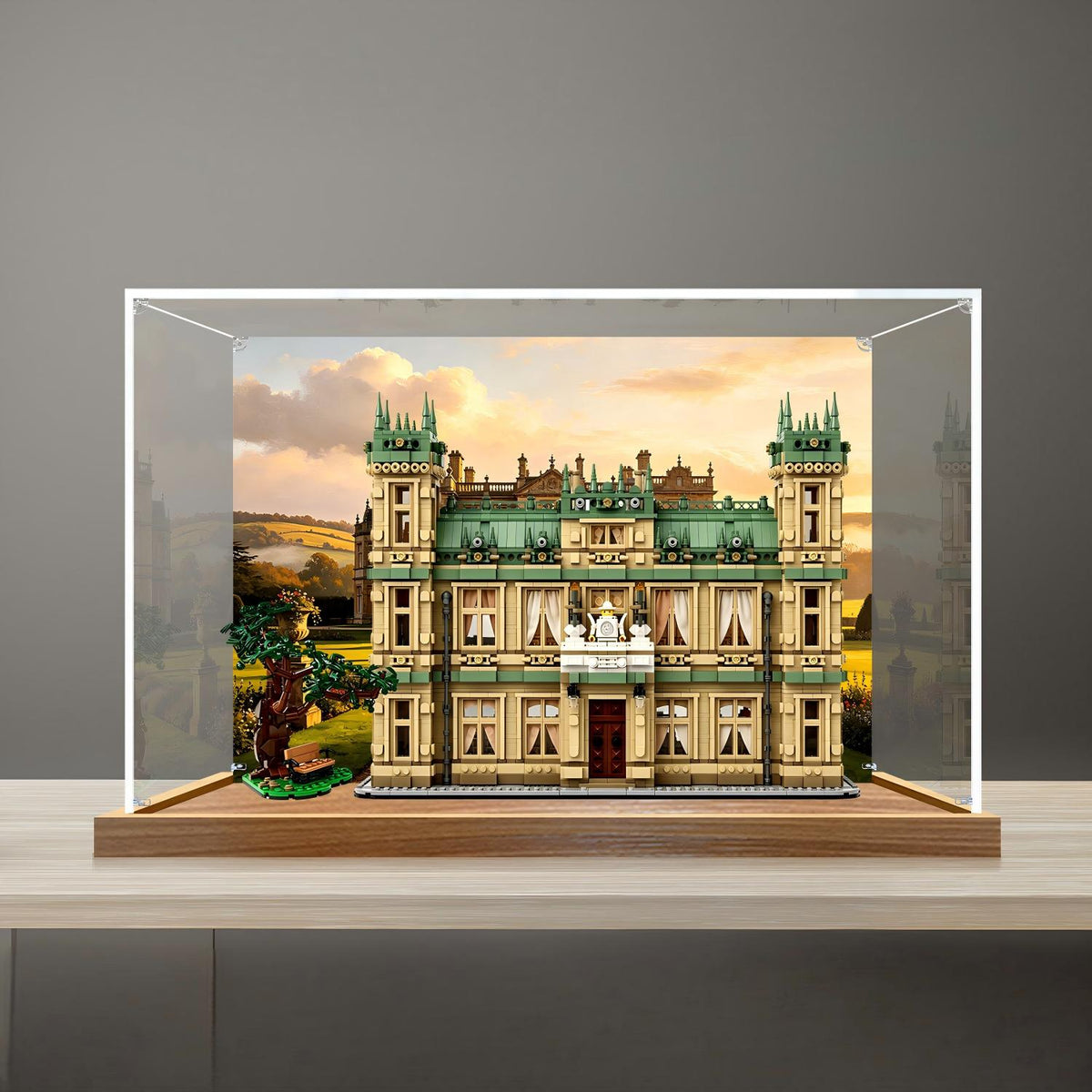 LEGO 21373 Downton Abbey Mirror Display Case with Wood Grain Base and UV-Printed Themed Background