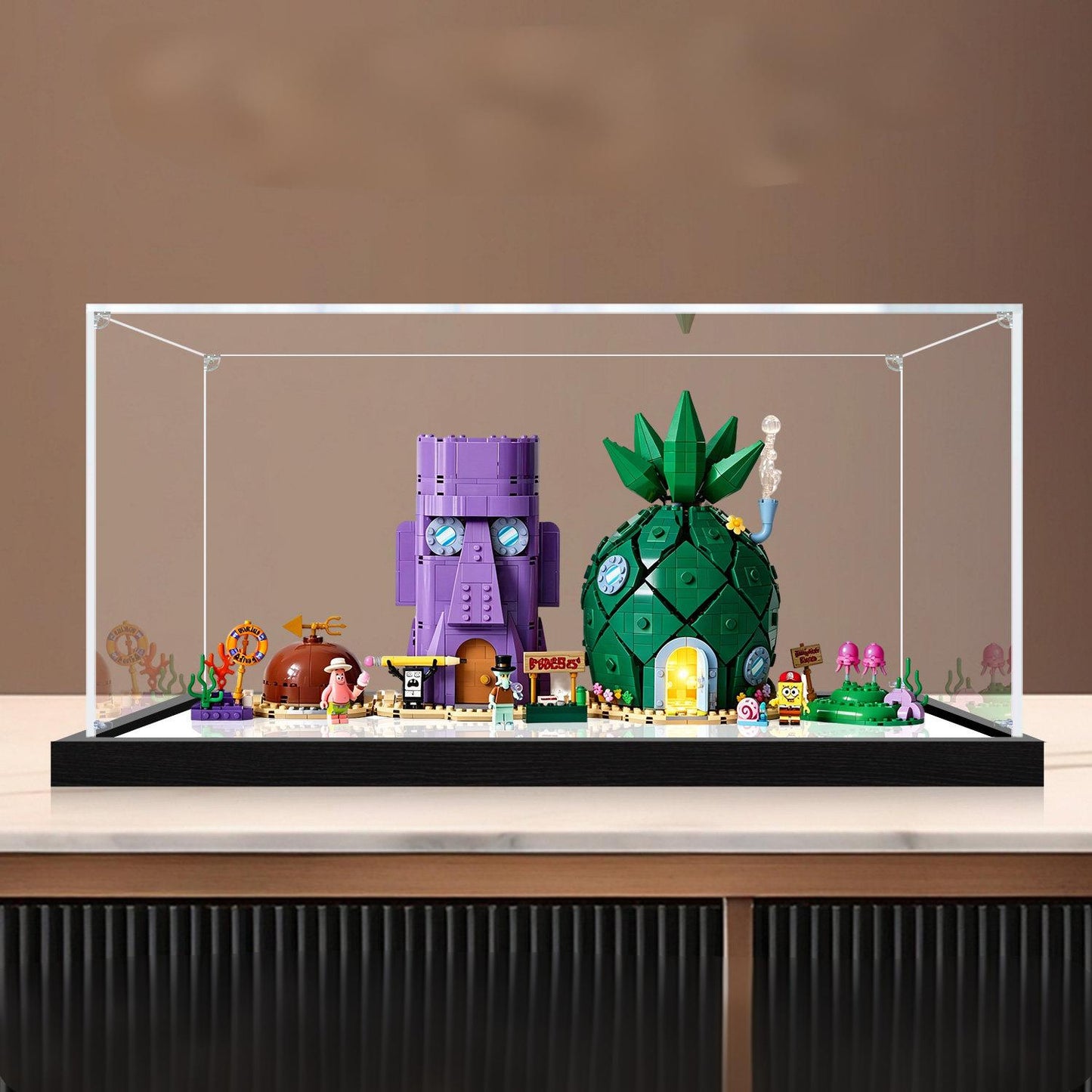 LEGO 11386 SpongeBob Bikini Bottom Mirror Acrylic Display Case with Ring Light & UV-Printed Background - Dustproof Showcase