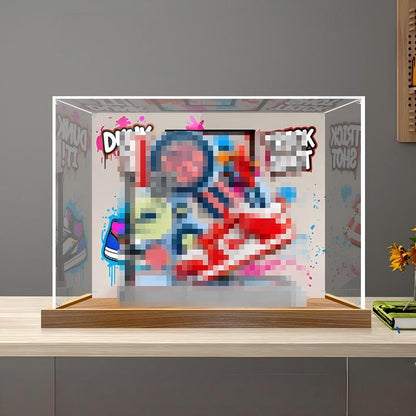 LEGO 43021 Nike Dunk Trickshot Mirror Display Case with Wood Grain Base and UV-Printed Themed Background