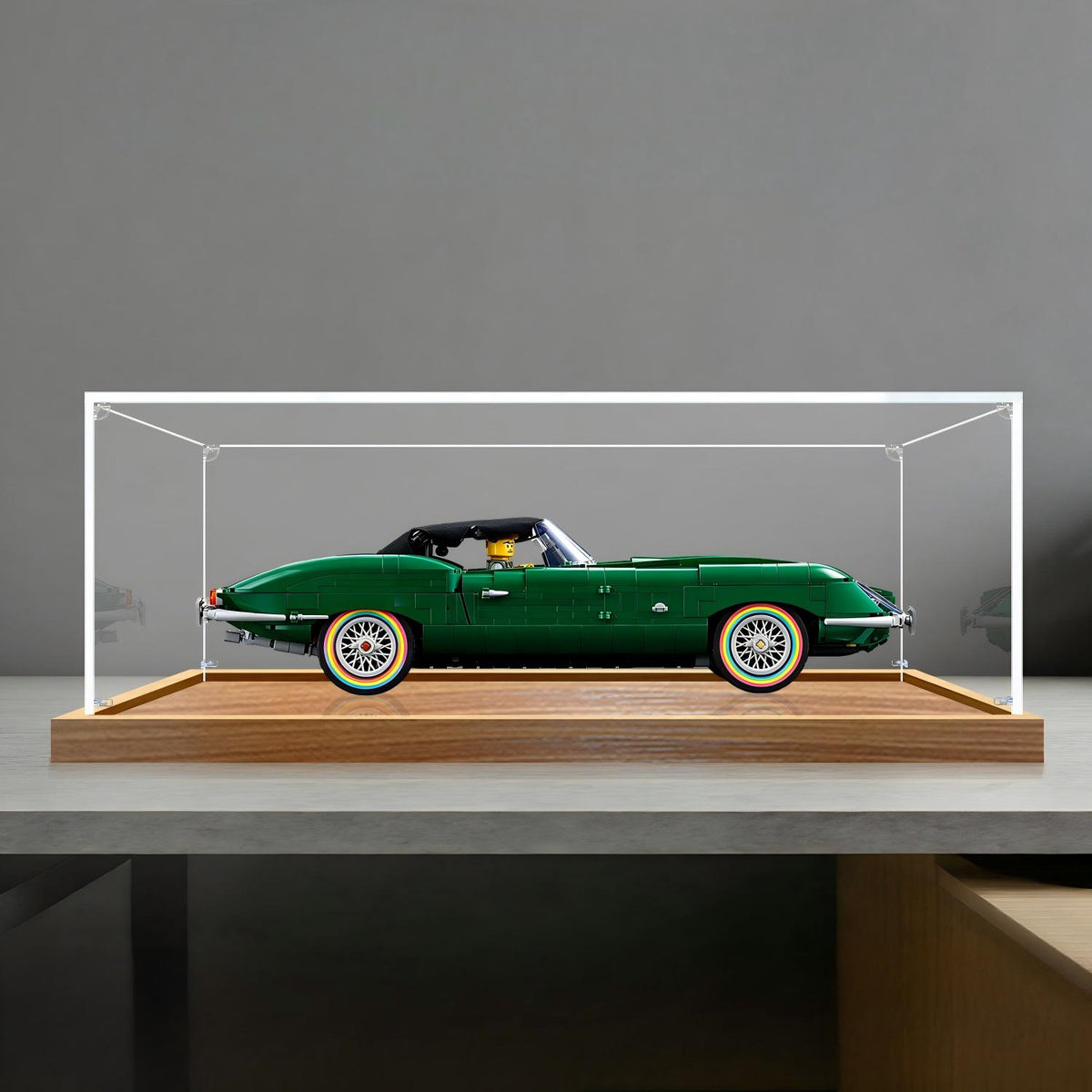 LEGO 11381 Jaguar E-Type Mirror Display Case with Wood Grain Base