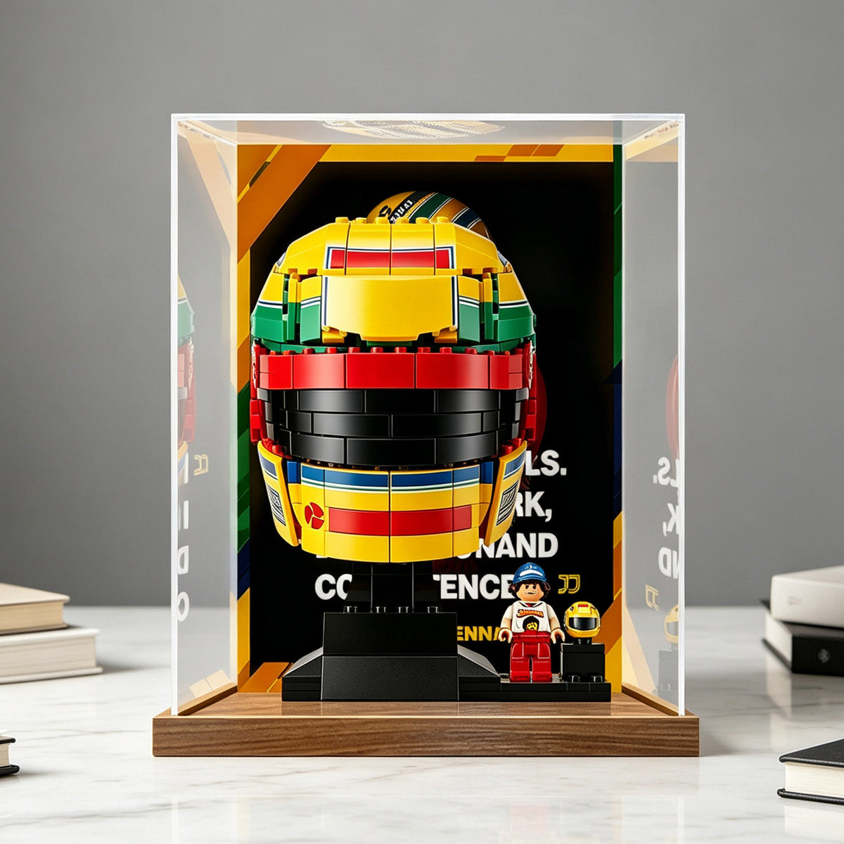 LEGO 43024 Ayrton Senna Helmet Mirror Display Case with Wood Grain Base and UV-Printed Themed Background