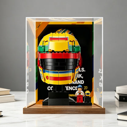 LEGO 43024 Ayrton Senna Helmet Mirror Display Case with Wood Grain Base and UV-Printed Themed Background
