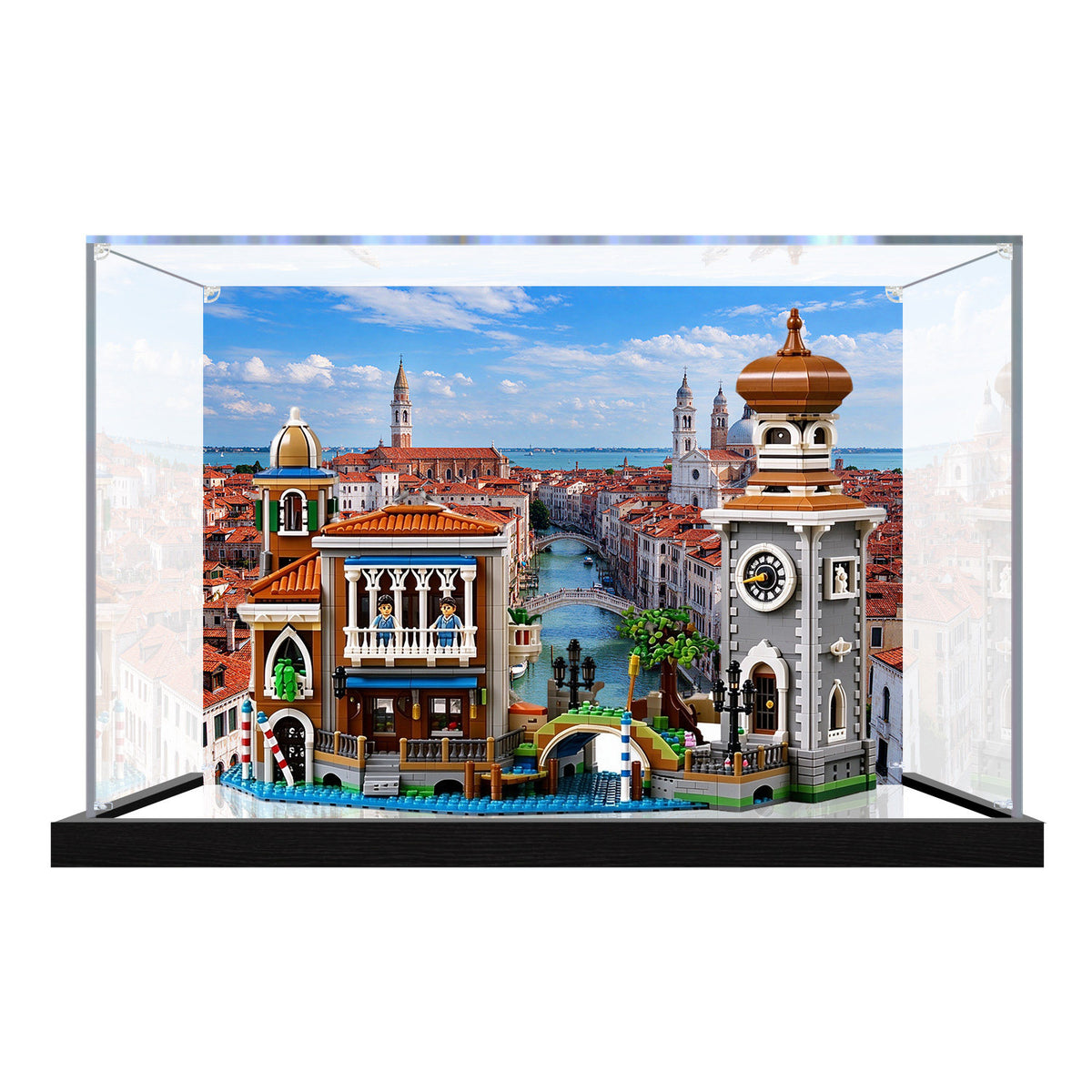LEGO 11388 Venetian Neighbourhood mirror display case with black brushed base and UV-printed canal background