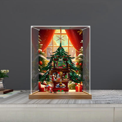 LEGO 41843 Family Christmas Tree Mirror Display Case with Wood Grain Base and UV-Printed Themed Background