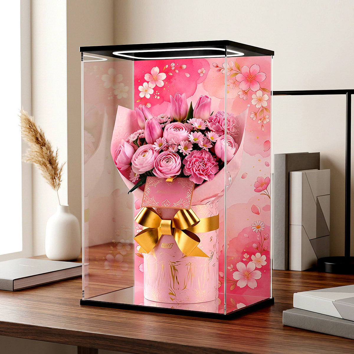 LEGO 10374 Bouquet of Pink Roses Mirror Display Case with Ring Light and Themed Background