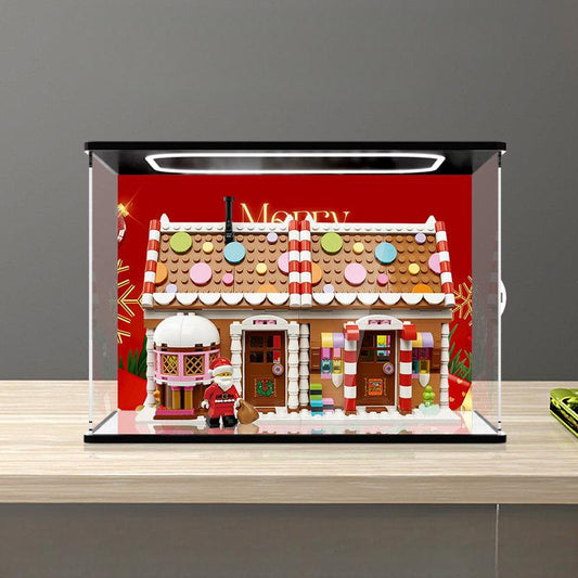 LEGO 40809 Festive Gingerbread House Mirror Display Case with Ring Light and Themed Background