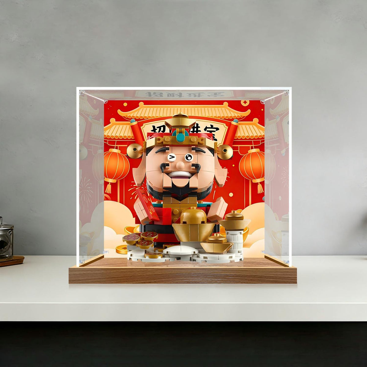 LEGO 40864 Fortune Master Mirror Display Case with Wood Grain Base and UV-Printed Themed Background