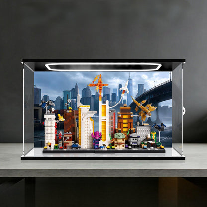 LEGO 67006 The Marvel Skyline display case with ring light and UV-printed background