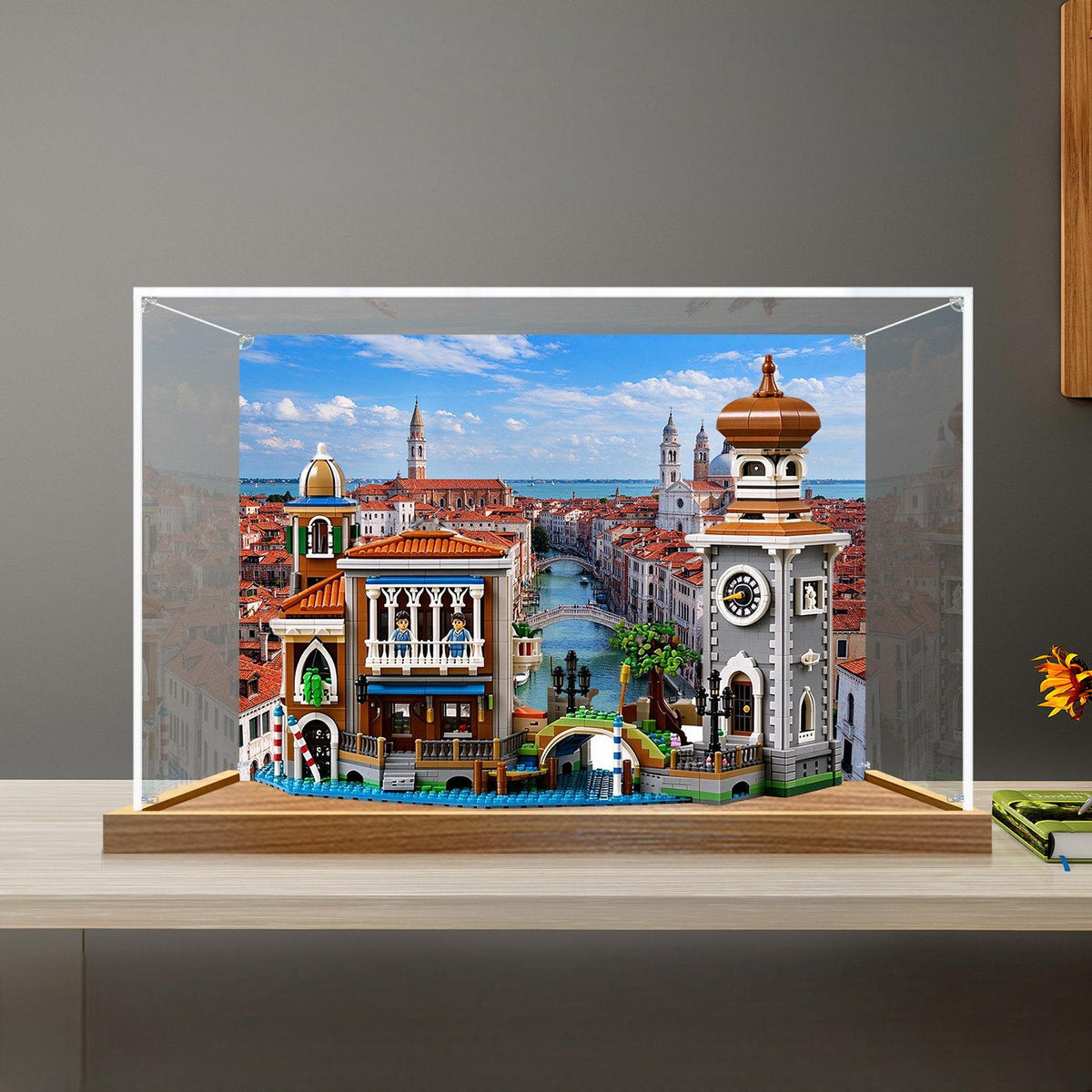 LEGO 11388 Venetian Neighbourhood display case, wood grain base and UV-printed background