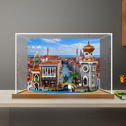 LEGO 11388 Venetian Neighbourhood display case, wood grain base and UV-printed background