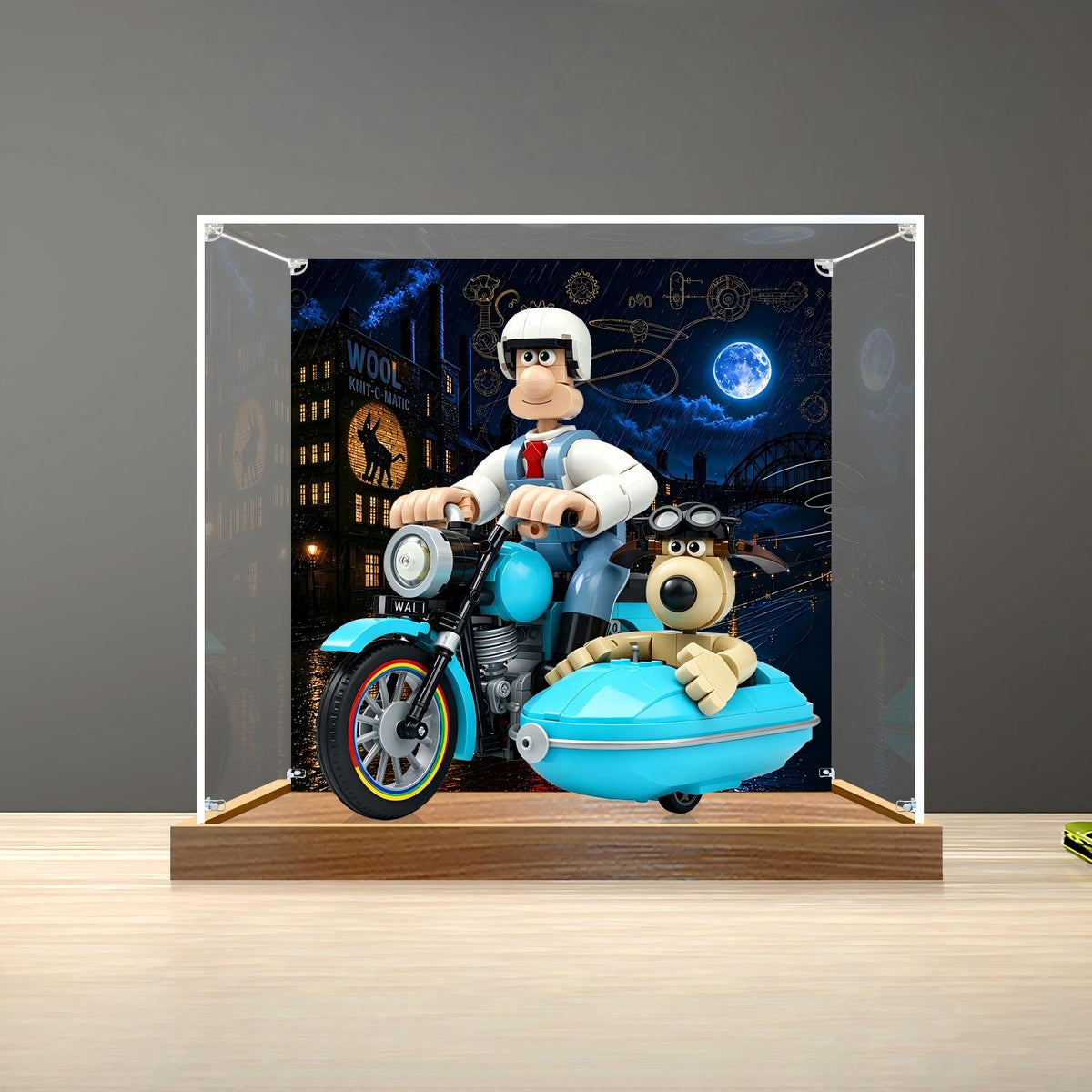 LEGO 21371 Wallace & Gromit Mirror Display Case with Wood Grain Base and UV-Printed Themed Background