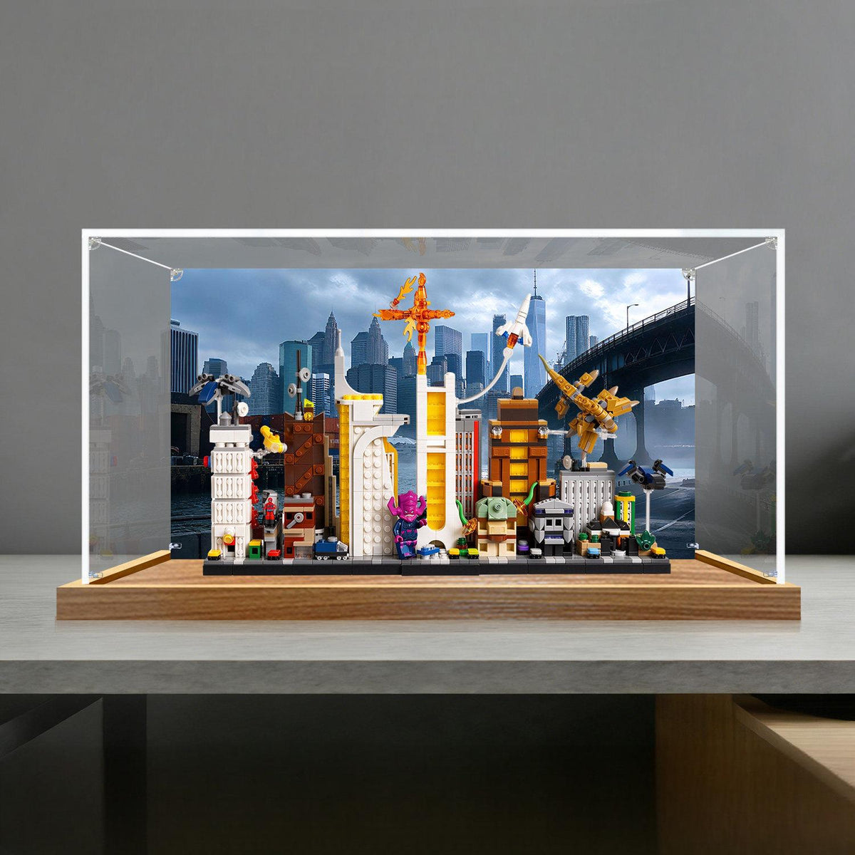 LEGO 67006 The Marvel Skyline display case, wood grain base and UV-printed background