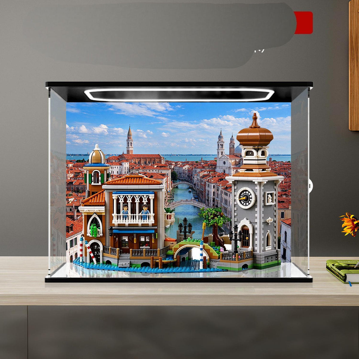LEGO 11388 Venetian Neighbourhood display case with ring light and UV-printed background