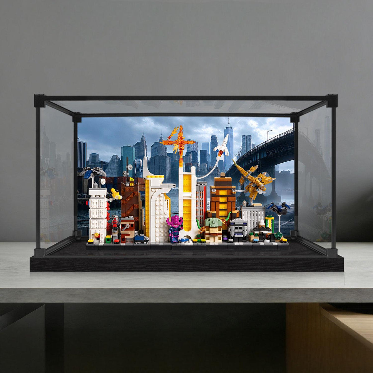 LEGO 67006 The Marvel Skyline alloy frame display case with UV-printed background