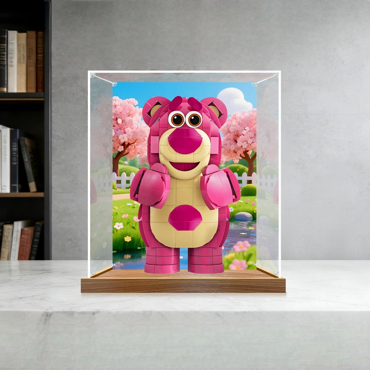 LEGO 43306 Lotso Mirror Display Case with Wood Grain Base and UV-Printed Themed Background