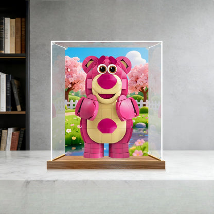 LEGO 43306 Lotso Mirror Display Case with Wood Grain Base and UV-Printed Themed Background
