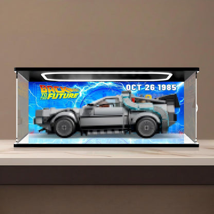 LEGO 77256 Time Machine from Back to the Future Mirror Display Case with Ring Light and Themed Background