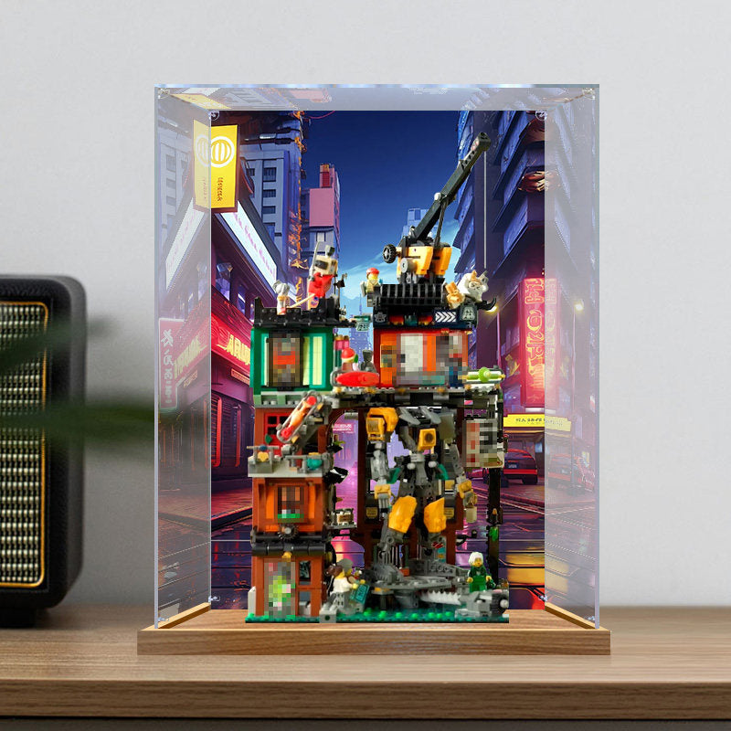 LEGO 71837 NINJAGO City Workshops Mirror Display Case with Wood Grain Base and UV-Printed Themed Background