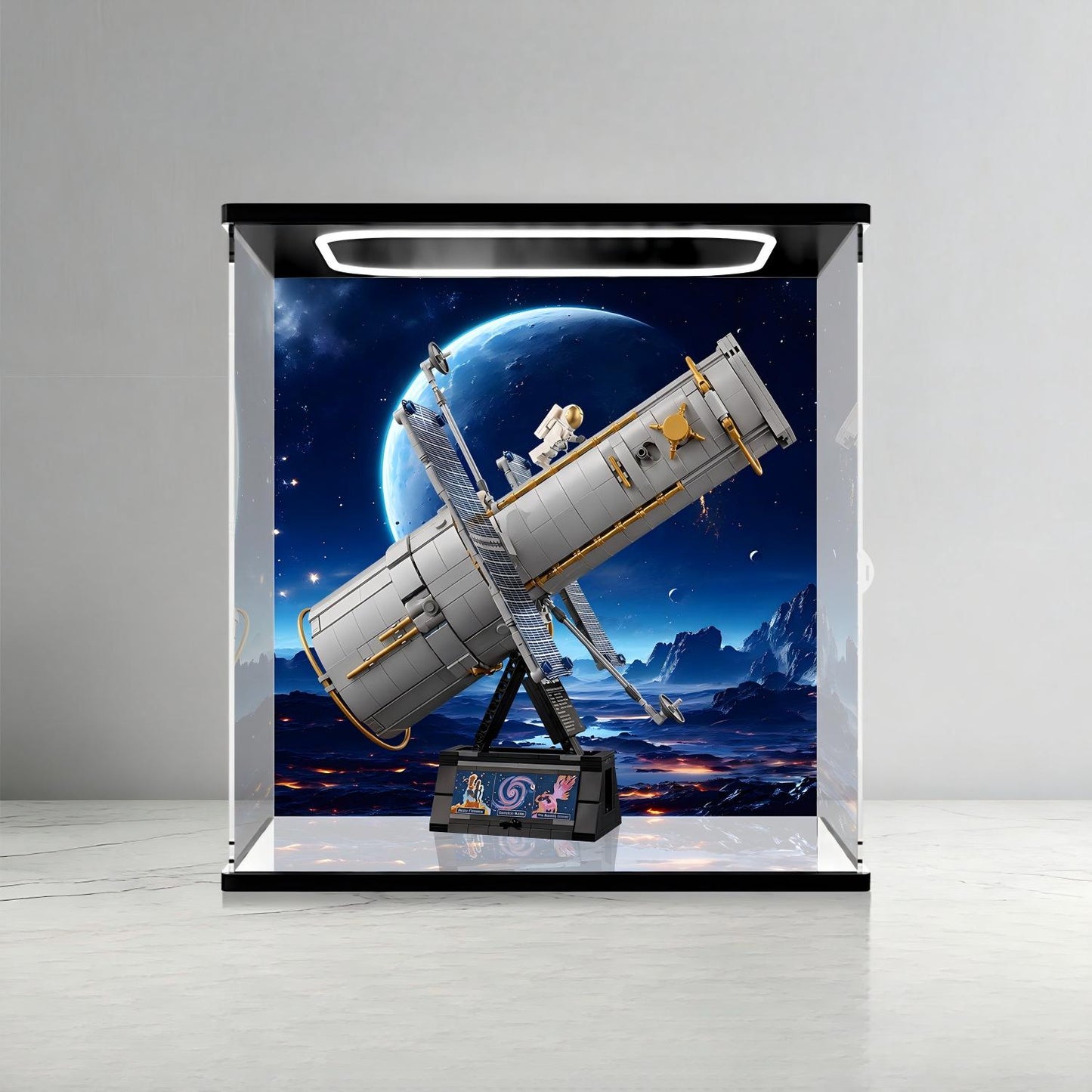 LEGO 11382 Hubble Space Telescope Mirror Display Case with Ring Light and Themed Background
