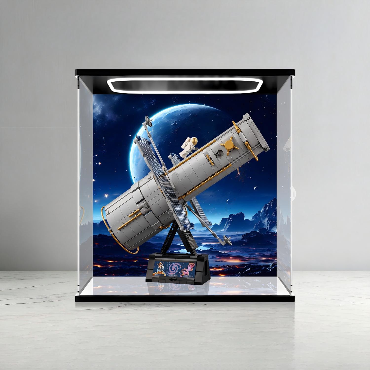 LEGO 11382 Hubble Space Telescope Mirror Display Case with Ring Light and Themed Background
