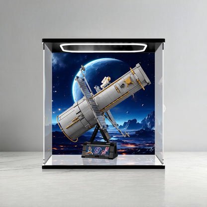 LEGO 11382 Hubble Space Telescope Mirror Display Case with Ring Light and Themed Background